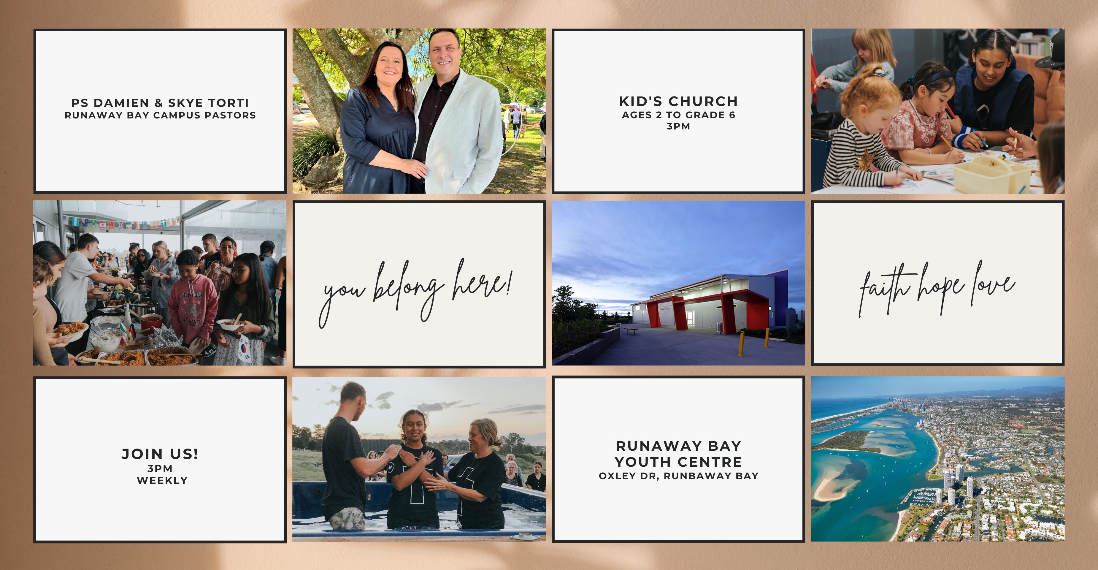 King's Church Runaway Bay Campus picture showcasing who we are, how we engage our community and introducing our pastors, Damien and Skye